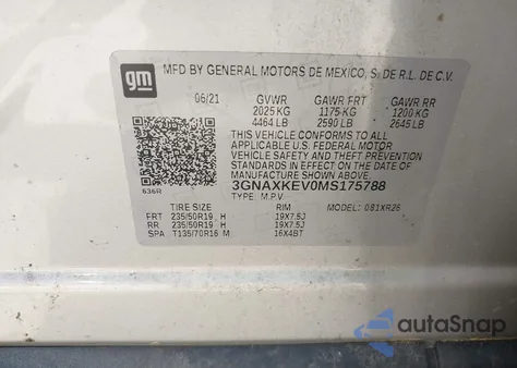 2021 Chevrolet Equinox Fwd Lt из США, поврежденный, VIN 3GNAXKEV0MS175788